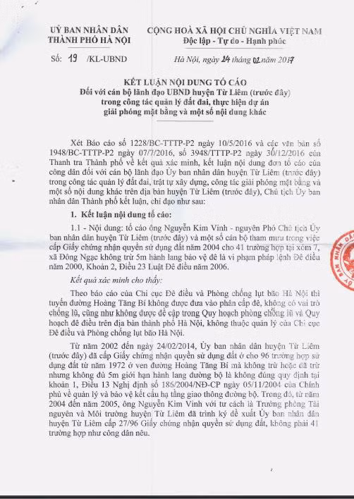 Ngày 24/2/2017, Ủy ban nhân dân thành phố Hà Nội đã ban hành Kết luận số 19/KL-UBND cũng nêu nhiều sai phạm của ông Lê Văn Thư.