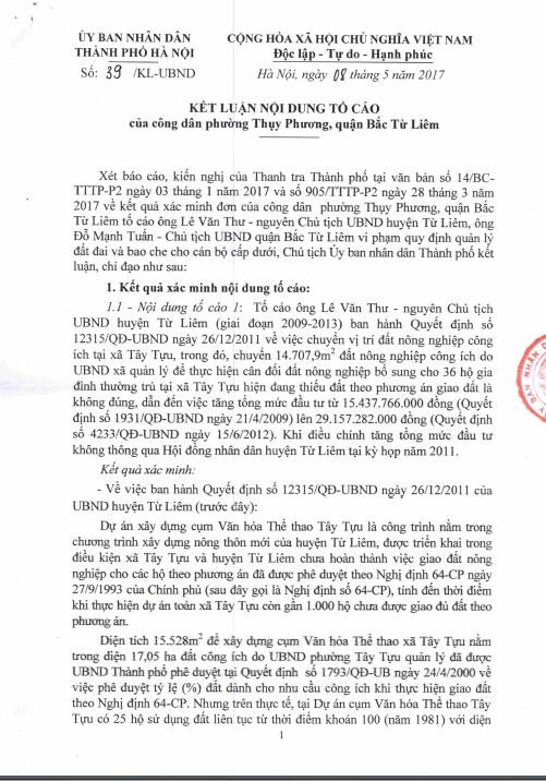 ngày 08/5/2017, Ủy ban nhân dân thành phố Hà Nội ban hành Kết luận số 39/KL-UBND trong đó có nêu rõ nhiều sai phạm của ông Lê Văn Thư.
