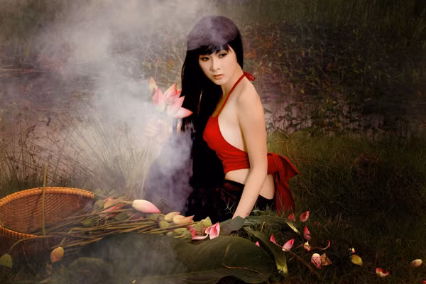 Qua ống kính nhiếp ảnh Ngô Nhật Huy, Phương Trinh khoe nét gợi cảm với yếm mỏng và thoáng.