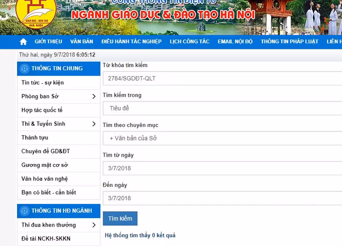 Ảnh chụp màn hình kết quả tìm kiếm công văn 2784/SGDĐT-QLT trên website Sở Giáo dục và Đào tạo Hà Nội. Kết quả là con số 0, nhưng nhiều tờ báo đã có trong tay công văn này khi người nhận, Trường Trung học cơ sở và Trung học phổ thông Lương Thế Vinh còn chưa biết mặt ngang mũi dọc nó ra sao.
