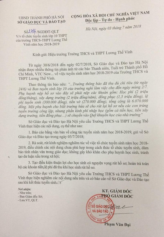 Công văn của Sở Giáo dục và Đào tạo Hà Nội do Phó giám đốc Phạm Văn Đại ký, được cho là đã gửi cho truyền thông rồi Sở mới triệu lãnh đạo trường Lương Thế Vinh lên Sở lấy văn bản. Công văn của Sở Giáo dục và Đào tạo Hà Nội do Phó giám đốc Phạm Văn Đại ký, được cho là đã gửi cho truyền thông rồi Sở mới triệu lãnh đạo trường Lương Thế Vinh lên Sở lấy văn bản.