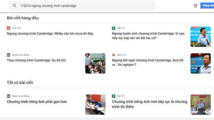 Vụ ngừng dạy chương trình Cambridge năm 2014 chỉ gây ồn ào tại thành phố Hồ Chí Minh, còn các trường ngoài Hà Nội tương đối êm ả. Ảnh chụp màn hình tìm kiếm của Google.
