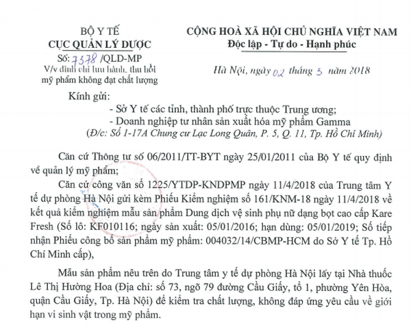 Công văn của Cục Quản lý Dược đình chỉ lưu hành Kare Fresh. Công văn của Cục Quản lý Dược đình chỉ lưu hành Kare Fresh.