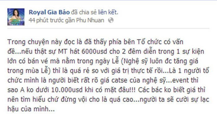 Theo diễn viên này, nếu Mỹ Tâm có hát 6.000 đô 2 đêm cho một sự kiện lớn như vậy, thì giá đó vẫn là quá rẻ so với giá trị thực của một ngôi sao hạng A