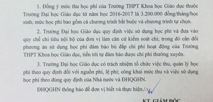 Ảnh chụp một phần văn bản số 3306/ĐHQGHN-KHTC ngày 24/10/2016 của Đại học Quốc gia Hà Nội về mức thu học phí của Trường Trung học phổ thông Khoa học giáo dục. Ảnh chụp một phần văn bản số 3306/ĐHQGHN-KHTC ngày 24/10/2016 của Đại học Quốc gia Hà Nội về mức thu học phí của Trường Trung học phổ thông Khoa học giáo dục.