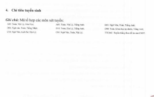 Thông tin về chỉ tiêu tuyển sinh không rõ ràng, chỉ có chú thích mã tổ hợp các môn xét tuyển mà không hề có chỉ tiêu tuyển sinh cụ thể từng ngành học. Ảnh chụp màn hình Capture.JPG