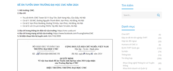 Sau phản ánh của Tạp chí điện tử Giáo dục Việt Nam, tối ngày 10/6, Trường Đại học CMC đã cập nhật thông tin Đề án tuyển sinh (bản mới nhất, được kí ngày 6/6/2024) lên trang thông tin điện tử của nhà trường. 001.png