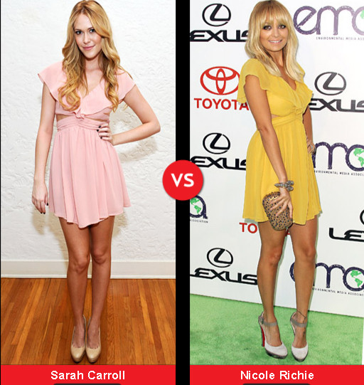 Sarah và Nicole có thể nói là "kẻ tám lạng, người một cân" với kiểu váy voan nhẹ bồng bềnh ngắn này. Sarah và Nicole có thể nói là "kẻ tám lạng, người một cân" với kiểu váy voan nhẹ bồng bềnh ngắn này.