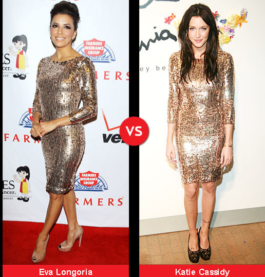 Eva Longoria với những đường cong chết người nên cô rất tự tin khi diện váy lấp lánh bó sát, còn Katie quá mảnh khảnh nên bộ đồ này làm lộ nhược điểm của cô. Eva Longoria với những đường cong chết người nên cô rất tự tin khi diện váy lấp lánh bó sát, còn Katie quá mảnh khảnh nên bộ đồ này làm lộ nhược điểm của cô.