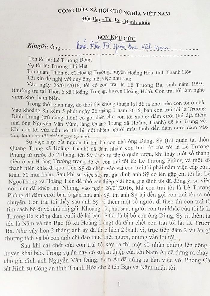 Đơn khiếu nại của gia đình nạn nhân gửi Báo điện tử Giáo dục Việt Nam.