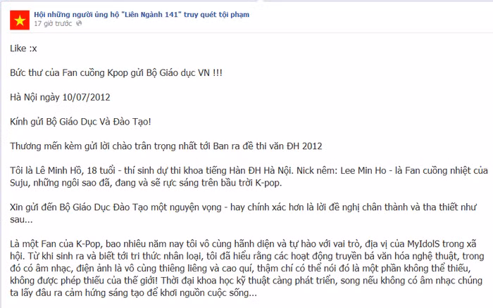 Tâm thư của một tín đồ Suju gửi Bộ Giáo dục (Nguồn: voz.vn)