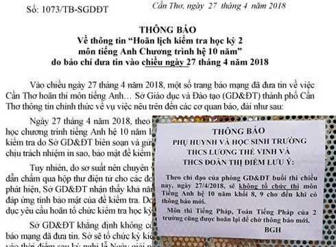 Thông Báo của Sở Giáo dục và Đào tạo và Bảng thông báo hoãn thi trước Trường Trung học Cơ sở Lương Thế Vinh. (Ảnh: H.L) Thông Báo của Sở Giáo dục và Đào tạo và Bảng thông báo hoãn thi trước Trường Trung học Cơ sở Lương Thế Vinh. (Ảnh: H.L)