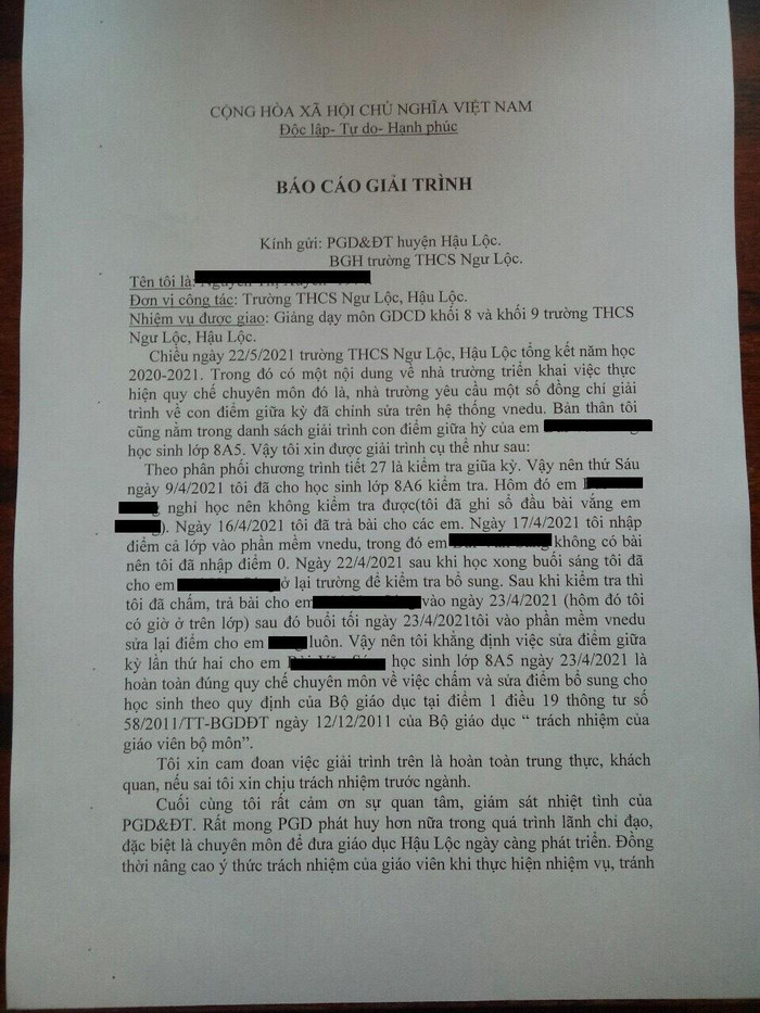 Bản báo cáo giải trình của giáo viên N.T.X. Ảnh: Bà Mã Thị Diệp - Hiệu trưởng trường Trung học cơ sở Ngư Lộc cung cấp.