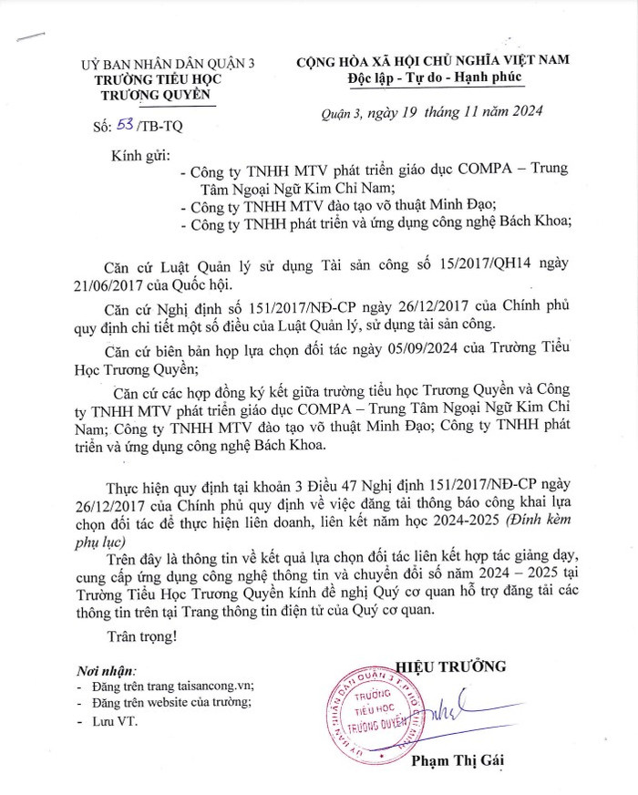 Ảnh chụp thông tin về kết quả lựa chọn đối tác liên kết hợp tác giảng dạy, cung cấp ứng dụng công nghệ thông tin và chuyển đổi số năm học 2024-2025 tại Trường tiểu học Trương Quyền. doi tac lien ket.jpg
