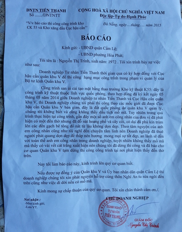 Báo cáo của Doanh nghiệp tư nhân Tiến Thanh gửi UBND phường Hòa Phát. Ảnh Thùy Linh Báo cáo của Doanh nghiệp tư nhân Tiến Thanh gửi UBND phường Hòa Phát. Ảnh Thùy Linh