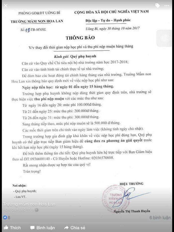 Tờ thông báo của Trường mầm non Hoa Lan gửi phụ huynh có quy định mức phạt chậm nộp học phí. Nguồn: Internet