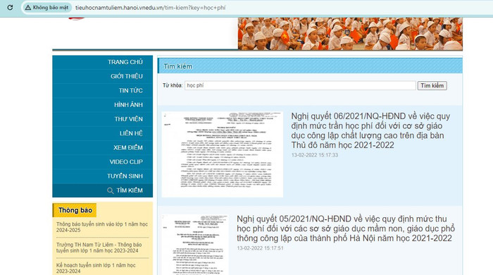 Kết quả tìm kiếm theo từ khóa học phí trên website Trường tiểu học Nam Từ Liêm. Ảnh chụp màn hình. nam tu liem.JPG