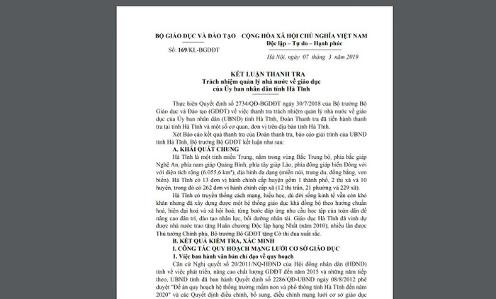 Kết luận Thanh tra số 169/KL-BGDĐT đã chỉ ra hàng loạt tồn tại, hạn chế đã xảy ra trong ngành Giáo dục và Đào tạo Hà Tĩnh (Ảnh: LC) Kết luận Thanh tra số 169/KL-BGDĐT đã chỉ ra hàng loạt tồn tại, hạn chế đã xảy ra trong ngành Giáo dục và Đào tạo Hà Tĩnh (Ảnh: LC)