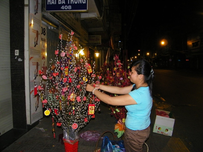 Trên con đường Hai Bà Trưng (Q1) đã vắng xe qua lại, Kim Thanh vừa canh hàng, vừa tranh thủ trang trí những nhành đào của mình cho kịp trời sáng. Trên con đường Hai Bà Trưng (Q1) đã vắng xe qua lại, Kim Thanh vừa canh hàng, vừa tranh thủ trang trí những nhành đào của mình cho kịp trời sáng.