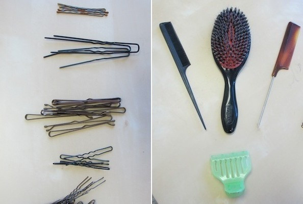 Chuẩn bị ghim tóc nhỏ , cặp tóc loại vừa và hai loại lược chải như trong ảnh.