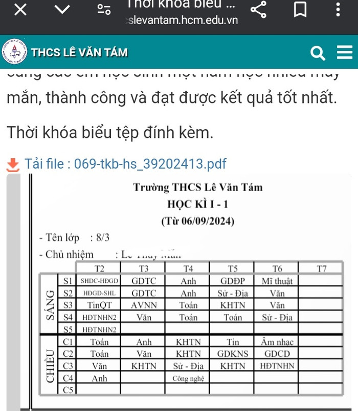 Thời khóa biểu một lớp tại Trường trung học cở Lê Văn Tám. Ảnh: PHCC THCS Le Van Tam.jpg