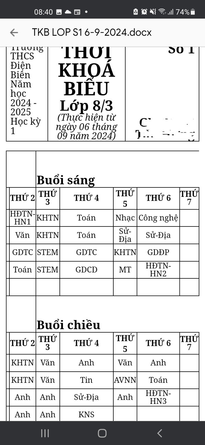 Thời khóa biểu áp dụng từ ngày 6/9 của lớp 8/3 Trường Trung học cơ sở Điện Biên (ảnh chụp màn hình) THCS Dien Bien.jpg