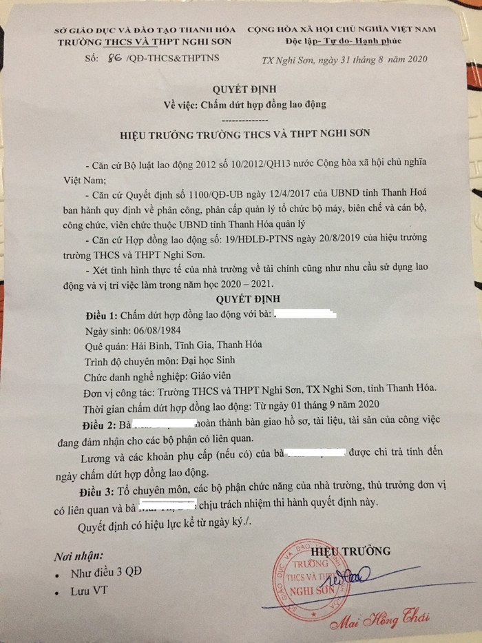 Quyết định chấm dứt hợp đồng lao động của Trường Trung học cơ sở và Trung học phổ thông Nghi Sơn đối với cô M.T.Đ. Ảnh cô Đ. cung cấp Quyết định chấm dứt hợp đồng lao động của Trường Trung học cơ sở và Trung học phổ thông Nghi Sơn đối với cô M.T.Đ. Ảnh cô Đ. cung cấp