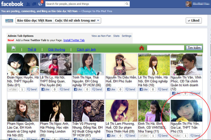 Sau khi Like bạn sẽ vào trang cuộc thi có giao diện như thế này. Trên Menu bạn có thể xem Thể lệ, Giải thưởng, và công cụ Gửi ảnh. Bạn cũng có thể Tìm kiếm thí sinh mình muốn tìm. Khi bạn Like cho 1 thí sinh (ví dụ thí sinh có vòng tròn đỏ trong hình trên, thì ở trang web chính thức của cuộc thi (http://giaoduc.net.vn/nusinhtrongmo), thí sinh này cũng đã được Like. Sau khi Like bạn sẽ vào trang cuộc thi có giao diện như thế này. Trên Menu bạn có thể xem Thể lệ, Giải thưởng, và công cụ Gửi ảnh. Bạn cũng có thể Tìm kiếm thí sinh mình muốn tìm. Khi bạn Like cho 1 thí sinh (ví dụ thí sinh có vòng tròn đỏ trong hình trên, thì ở trang web chính thức của cuộc thi (http://giaoduc.net.vn/nusinhtrongmo), thí sinh này cũng đã được Like.