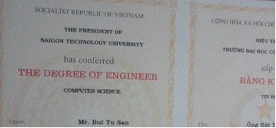Một bằng kỹ sư tin học, được viết là “The degree of engineer” (ảnh Vietnamnet.vn). Một bằng kỹ sư tin học, được viết là “The degree of engineer” (ảnh Vietnamnet.vn).