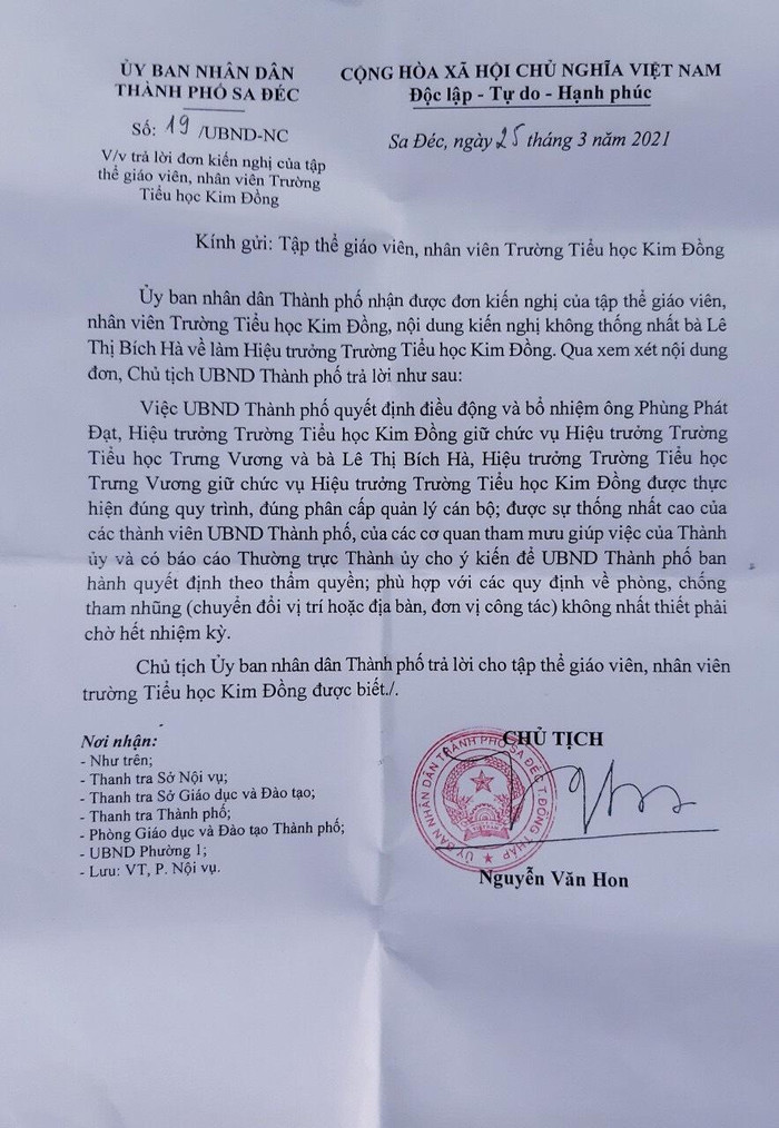 Ủy ban nhân dân Thành phố Sa Đéc trả lời đơn kiến nghị của Tập thể giáo viên, nhân viên tiểu học Kim Đồng.