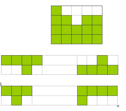 Câu 2: Hình chữ nhật dưới đây bị thiếu 1 miếng. Miếng nào trong số các miếng ở dưới có thể ghép kín phần bị thiếu? Hãy khoanh tròn miếng ghép đó.