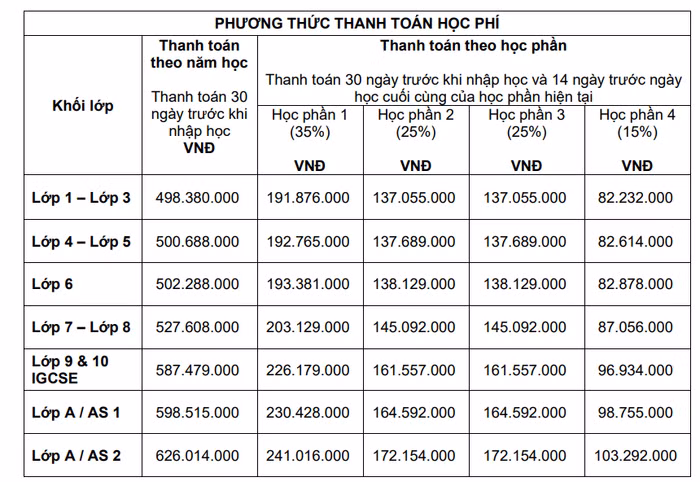Bảng học phí chương trình quốc tế của Trường Quốc tế Singapore tại Gamuda Garden năm học 2024-2025. Ảnh chụp màn hình
