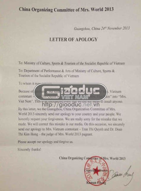 Thư xin lỗi của Trưởng ban tổ chức Mrs World Thư xin lỗi của Trưởng ban tổ chức Mrs World