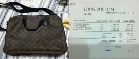 Minh Chánh chụp lại chiếc túi LV cùng biên lai khi mua đẻ tặng trợ lý của Hoàng Yến. Ảnh: Khám phá.