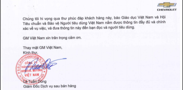 Thư phúc đáp của GM Việt Nam do ông Lê Tuấn Dũng, Giám đốc Dịch vụ sau bán hàng ký. Thư phúc đáp của GM Việt Nam do ông Lê Tuấn Dũng, Giám đốc Dịch vụ sau bán hàng ký.