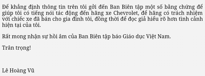 Đơn của anh Lê Hoàng Vũ gửi Báo Giáo dục Việt Nam. Đơn của anh Lê Hoàng Vũ gửi Báo Giáo dục Việt Nam.
