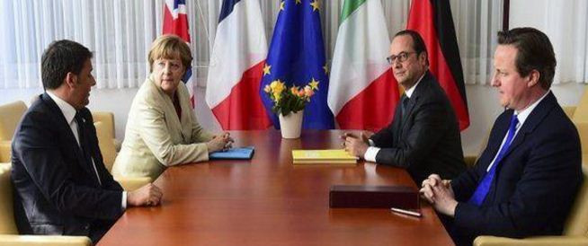 Thủ tướng Anh Cameron và lãnh đạo các nước đức, Pháp và Chủ tịch Hội đồng Châu Âu Donald Tusk. Ảnh: AP Thủ tướng Anh Cameron và lãnh đạo các nước đức, Pháp và Chủ tịch Hội đồng Châu Âu Donald Tusk. Ảnh: AP