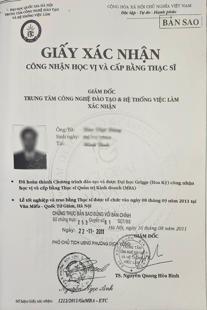 Ảnh chụp bản sao Giấy xác nhận công nhận học vị và cấp bằng thạc sĩ của Giám đốc Trung tâm Công nghệ đào tạo và Hệ thống việc làm cho ông Đ.V.D. GDVN_bang thac si 1.jpg