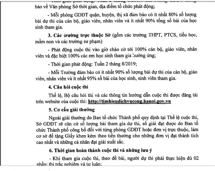 Văn bản chỉ đạo việc triển khai cuộc thi Tìm hiểu Dịch vụ công trực tuyến của Sở Giáo dục và Đào tạo Hà Nội đặt chỉ tiêu ít nhất 90% tổng số bài của học sinh tham gia. Ảnh: Đỗ Thơm Văn bản chỉ đạo việc triển khai cuộc thi Tìm hiểu Dịch vụ công trực tuyến của Sở Giáo dục và Đào tạo Hà Nội đặt chỉ tiêu ít nhất 90% tổng số bài của học sinh tham gia. Ảnh: Đỗ Thơm