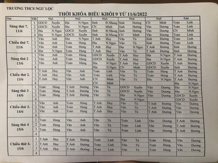 Thời khóa biểu khối 9 xếp lịch ngày 11/6/2022 được cho là của Trường Trung học cơ sở Ngư Lộc. Đáng nói, học sinh trường này đã được cấp giấy chứng nhận tốt nghiệp Trung học cơ sở tạm thời từ ngày 24 tháng 5. Ảnh: Độc giả cung cấp