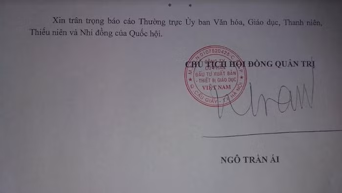Ảnh chụp một phần trang cuối công văn số 09/CV-VEPIC của Công ty Cổ phần đầu tư xuất bản - thiết bị giáo dục Việt Nam gửi Ủy ban Văn hóa, Giáo dục, Thanh niên, Thiếu niên và Nhi đồng của Quốc hội, do VEPIC cung cấp.