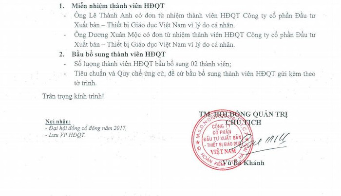 Ảnh chụp một phần Tờ trình số 01/2017/TT-HĐQT ngày 3/1/2017 về việc bầu bổ sung thành viên Hội đồng quản trị VEPIC do ông Vũ Bá Khánh - Chủ tịch Hội đồng quản trị VEPIC thời điểm đó ký. Ảnh chụp một phần Tờ trình số 01/2017/TT-HĐQT ngày 3/1/2017 về việc bầu bổ sung thành viên Hội đồng quản trị VEPIC do ông Vũ Bá Khánh - Chủ tịch Hội đồng quản trị VEPIC thời điểm đó ký.