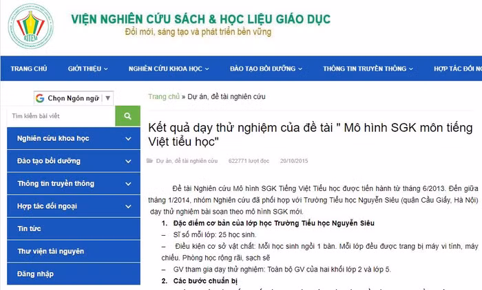 Ảnh chụp màn hình thông tin trên website Viện Nghiên cứu sách và học liệu giáo dục, Nhà xuất bản Giáo dục Việt Nam về đề tài "mô hình sách giáo khoa môn tiếng Việt tiểu học".