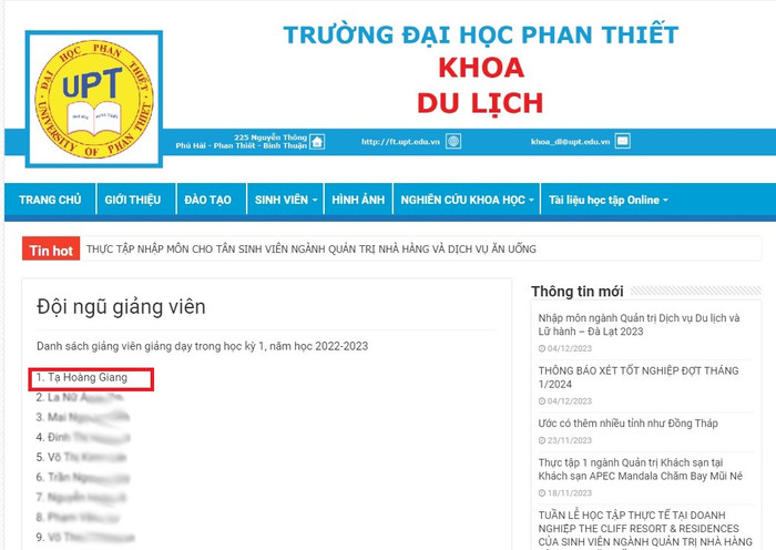 Danh sách giảng viên giảng dạy trong học kỳ 1, năm học 2022 - 2023 có tên ông Tạ Hoàng Giang. Tuy nhiên, theo hiệu trưởng nhà trường, từ lúc đảm nhiệm vị trí Trưởng khoa Du lịch người này chỉ được phân công nhiệm vụ quản lý. Ảnh: Chụp màn hình