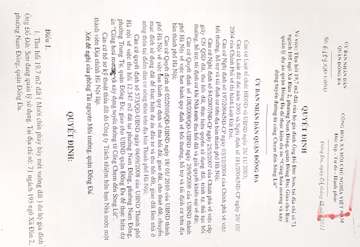 Quyết định của UBND quận Đống Đa nêu rõ việc có chủ sử dụng đất ký vào hồ sơ GPMB thửa đất.