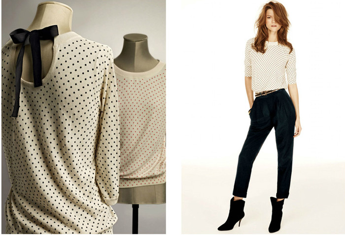 Mẫu áo chấm bi vẫn xuất hiện trong BST Xuân 2012 của hãng thời trang Mango, kết hợp với quần âu ngắn và đôi bốt màu đen, trông bạn vừa cá tính mà vẫn gợi cảm.