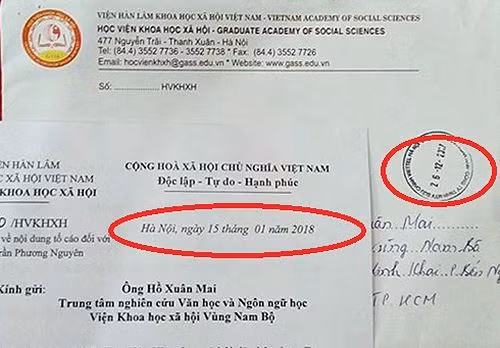 Bì thư trả lời Tiến sĩ Hồ Xuân Mai liên quan đến đơn tố cáo được đóng dấu ngày 26/12/2017 nhưng Thông báo Kết luận vụ việc được đề ngày 15/01/2018. (Ảnh: Đ.Q)