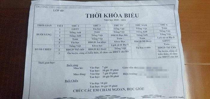 Thời khóa biểu của một trường Tiểu học theo phản ánh của phụ huynh. Ảnh: Độc giả cung cấp Thời khóa biểu của một trường Tiểu học theo phản ánh của phụ huynh. Ảnh: Độc giả cung cấp