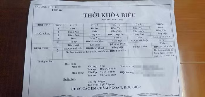 Thời khóa biểu của một trường Tiểu học theo phản ánh của phụ huynh. Ảnh: Độc giả cung cấp Thời khóa biểu của một trường Tiểu học theo phản ánh của phụ huynh. Ảnh: Độc giả cung cấp