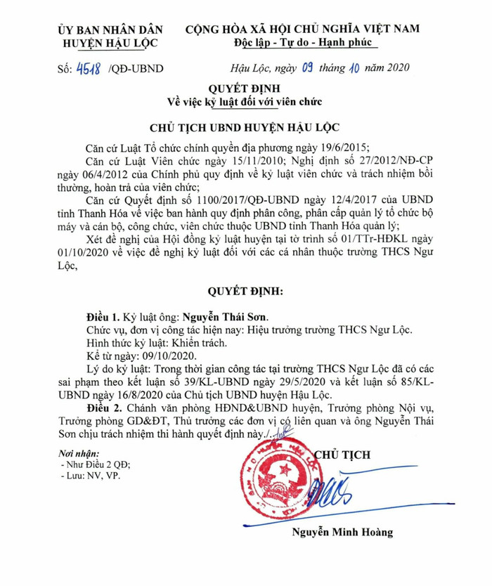 Quyết định kỷ luật đối với ông Nguyễn Thái Sơn. Ảnh: LC Quyết định kỷ luật đối với ông Nguyễn Thái Sơn. Ảnh: LC